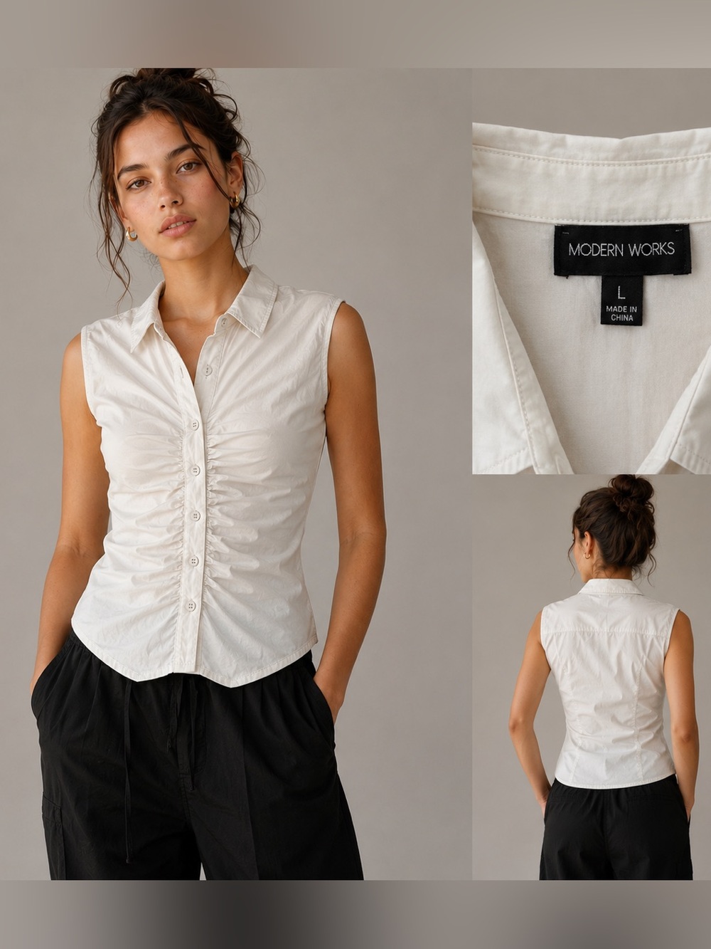 MODERN WORKS White Sleeveless Button Down Shirt/size L